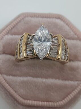 2 Carat Marquise CZ Gold Over 925 SS Multi Row Baguette Accents Ring Sz 9 3/4